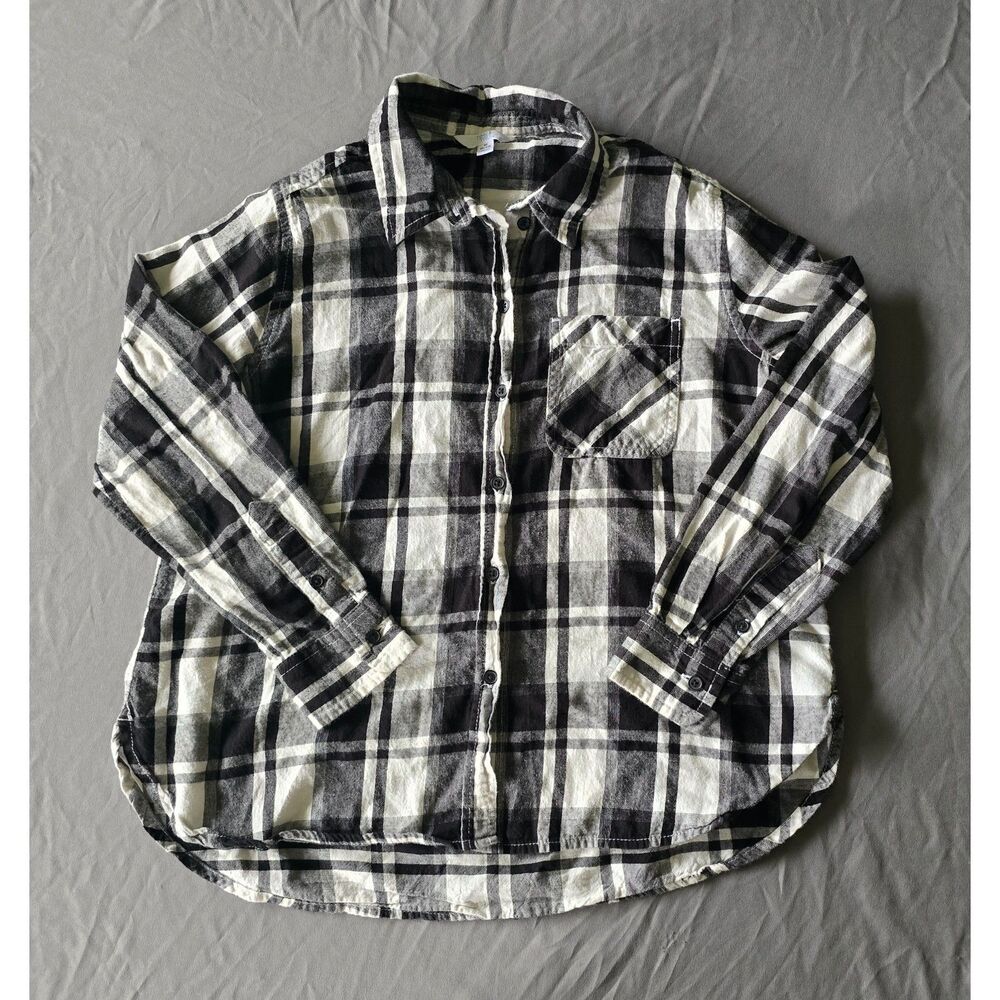 Time & Tru Womens Plaid Flannel Shirt Medium M 8-10 Black White Button Up Pocket